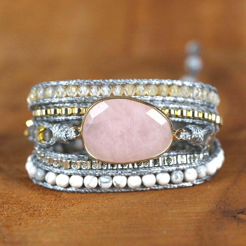 Roze Natuurstenen Kwarts Wikkelarmband